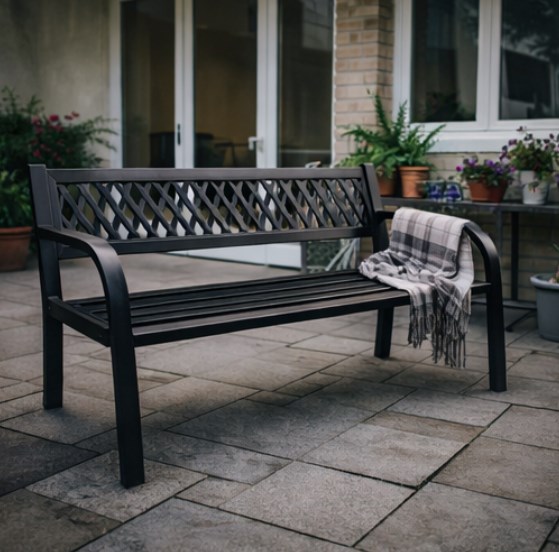 Ławka ogrodowa RODOS 3 metalowa czarna z oparciem – nowoczesna ławka do ogrodu i na taras